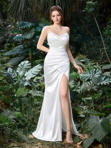 Faeriesty Elegante vestido de satén plisado sin tirantes de cola de sirena blanco con abertura alta, adecuado para fiestas, galas, bodas de primavera - Blanco - Ver 3