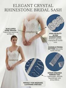 1pc Luxury Shell Shaped Crystal Bridal Sash, Sparkling Crystal Wedding Belt With Transparent Tulle Ribbon, Suitable For Bride, Bridesmaid, Evening Dress - Silver - View 5