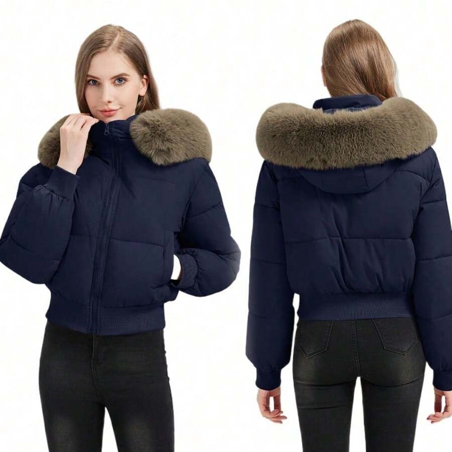 Abrigo de plumas para mujer 2026 invierno nuevo chaqueta acolchada abrigo cortaviento con cintura ajustada para clima frío ropa de mujer pequeña y gruesa - Azul Marino - Ver 1