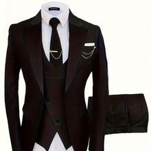Formal 3 Pieces Set, Men's One Button Jacket & Slanted Lapel Vest & Pants Suit Set For Business Dinner Wedding Party -  For Men - Suitable For Formal Occasions - Perfect Gift For Business Professionals - Black - View 1