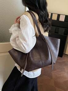 Sac à bandoulière rétro à la mode et grande capacité, sac fourre-tout léger et polyvalent pour un usage quotidien simple et décontracté, sac sous le bras de style de conception de niche en couleur unie, sac polyvalent et populaire pour femmes, convenant pour le shopping, les déplacements, le travail et les voyages quotidiens - Marron - Voir 2