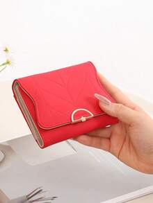 New Red Short Wallet, High-Quality PU Leather Minimalist Fashion Versatile Trifold Wallet, Bank Card Holder, Personalized Metal Buckle Student Coin Purse, Daily Use Card Case, Party Clutch, Student Change Purse, Birthday Gift Card Holder - Red - View 11