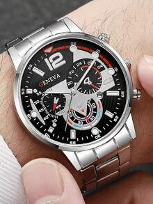 3pcs Luxury Men's Silver Watch Set, Including 1pc Silver Band Multi-Function Black Dial Quartz Watch, 1pc Engraved Chain Bracelet, And 1pc Black Geometric Stitching PU Leather Wallet - Silver - View 5