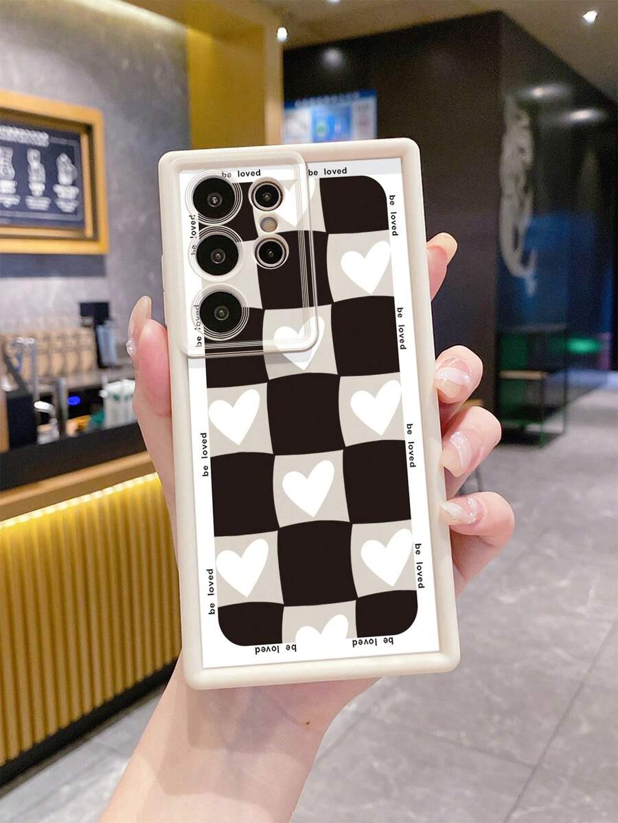 1个黑色网格白色爱心UV印刷防震手机壳，兼容三星/Galaxy/Infinix/Redmi/OPPO/VIVO/Realme安卓机型 - 白色 - 查看 1