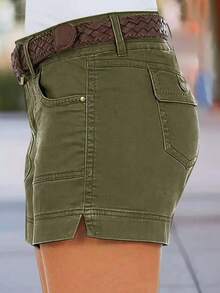 Women's Fashionable Casual Elastic Denim Shorts Summer - Olive Green - View 5