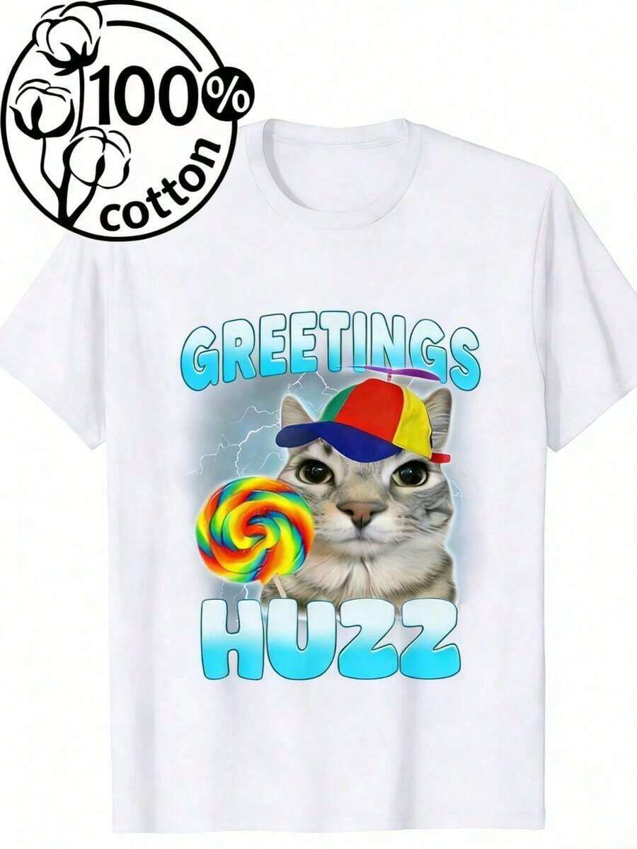 Men's T-Shirt Funny Greetings Huzz T-Shirt, Humor Cat Alpha Shirt, Short Sleeve Tee For Men Women, Top Shirt Gift For Boyfriend HusbandMen's Casual Short Sleeve T-Shirt – Basic Summer Tee For Men (S-XXXL) , Vintage, Shirts, Graphic Tees, , Funny T Shirts, Graphic Tees, Western, White Graphic Tees OWBN - 白色 - 查看 1
