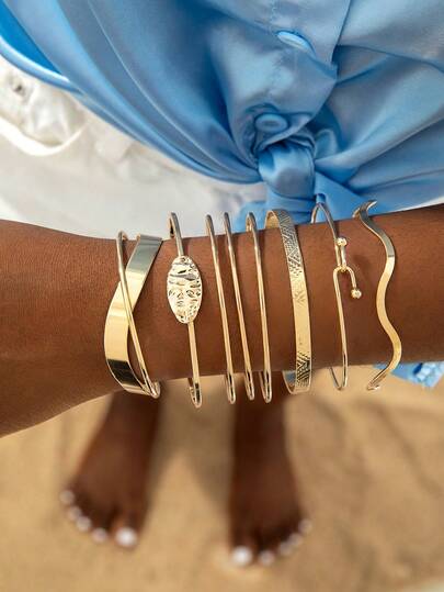 Set de 5 piezas/6 piezas de pulseras brazaletes geométricas asimétricas con hojas exageradas de estilo europeo y americano, de material CCB rayado, adecuado para uso diario