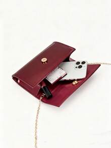 2025新款时尚银色金属晚宴包，女士PU皮革亮面镜面翻盖手拿包，优雅派对单肩包配链条钱包 - 酒紅色 - 查看 7