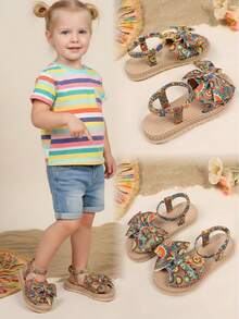 1双儿童布艺蝴蝶装饰弹力后跟一体式圆头时尚可爱优雅休闲波西米亚风平底泡沫凉鞋，适合3-15岁男孩女孩日常休闲、聚会、上学、散步、购物、旅行等场合，2026春夏新款鞋 - 彩色 - 查看 5