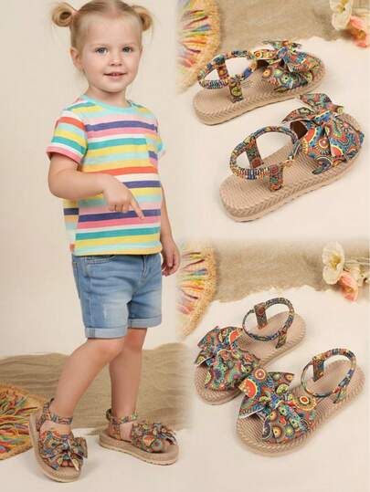 1双儿童布艺蝴蝶装饰弹力后跟一体式圆头时尚可爱优雅休闲波西米亚风平底泡沫凉鞋，适合3-15岁男孩女孩日常休闲、聚会、上学、散步、购物、旅行等场合，2026春夏新款鞋