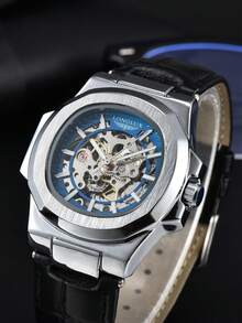 LONGLUX 1pc Men's Hollow Automatic Mechanical Waterproof Fashion Leather Band Watch - Black - View 7