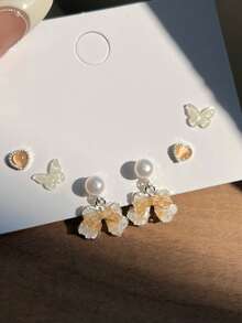 Women's Fashion Rhinestone Bow Stud Earrings Set, Suitable For Daily Wear - Yellow - View 3