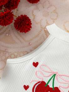 3pcs Baby Girl Casual Daily Fashion Sweet Cute White Knitted Vertical Stripe Sleeveless Round Neck Cherry Embroidery Cardigan Top, Red Plaid Double Layer Cake Skort, And Bow Headband Set, Summer - Red - View 6