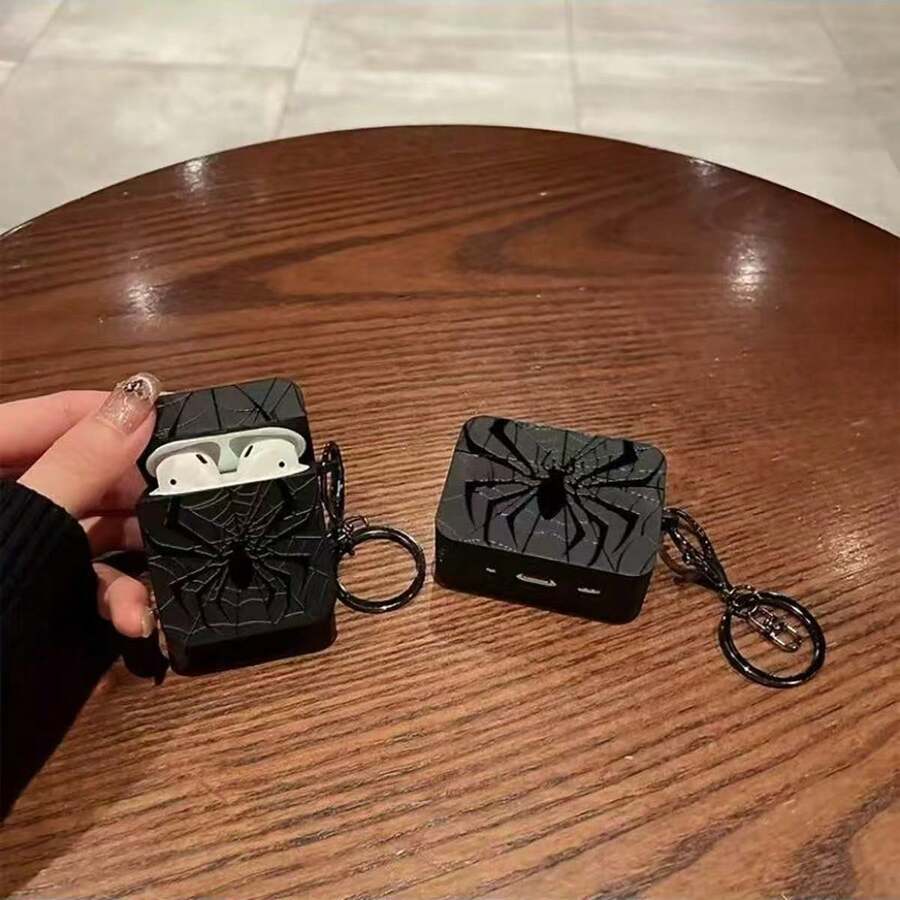 黑色蜘蛛元素单面图案设计保护壳，兼容苹果4、Pro 2、3蓝牙耳机充电盒 - 黑色 - 查看 1