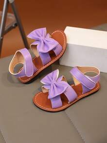 1 Pair Plus Size 2025 New Fashion Versatile Girl's Sandals With Pearl & Rhinestone Bow Decor, Cute Flat Shoes, Round Toe, Suitable For Daily Wear, Dancing, Outdoor, Embellished With Sequins, Closed Toe Princess Shoes, Spring & Autumn - Purple - View 6