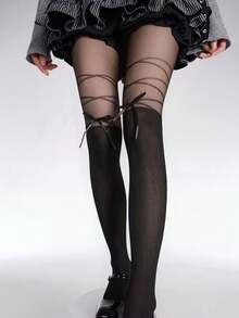 1件春秋季蝴蝶结黑白拼接连裤袜，优雅缎带交叉设计，情人节时尚礼物 - 黑色 - 查看 3