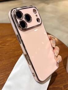 Luxury Solid Color Electroplating Lens Protection Soft Phone Case Compatible With 17 Pro Max Air 16 15 14 13 12 11 7 6 Pro Max Plus XS XR Fashion Straight Side Protective Cover - Pink - View 1