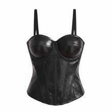 Structural Gothic Punk Corset Top In Black PU Leather, Featuring Reinforced Boning, Adjustable Spaghetti Straps & Built-In Padded Support For A Defined Silhouette, Edgy Retro Style Ideal As A Statement Piece For Urban Outfits, Celebrations, Halloween Events & Romantic Evenings - 黑色 - 查看 7