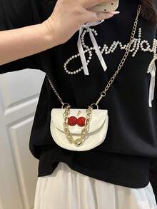 Mini Square Handbag, New Spring/Summer Plaid Color Block Casual Shoulder Tote Bag, Versatile, Cherry Pattern Saddle Bag - White - View 1