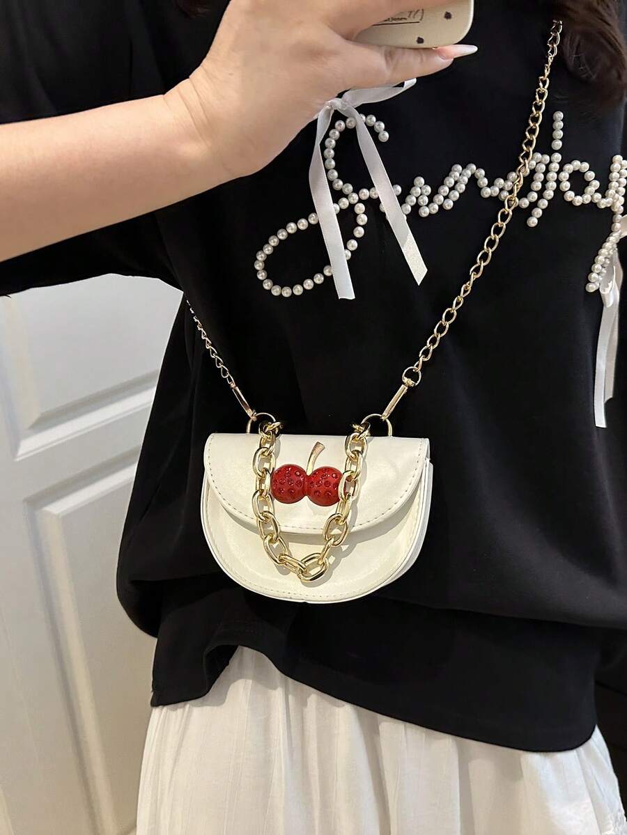 Mini Square Handbag, New Spring/Summer Plaid Color Block Casual Shoulder Tote Bag, Versatile, Cherry Pattern Saddle Bag - White - View 1