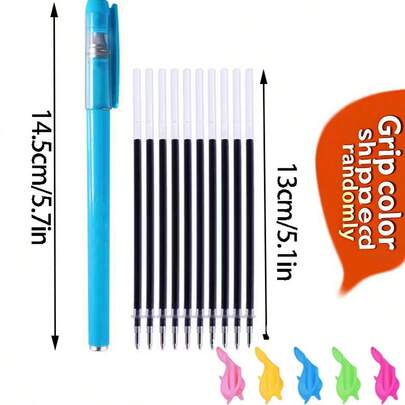 12pcs/Set (1 Blue Barrel + 10 Refills + 1 Random Color Grip) Disappearing Ink Pen Refills, Specially For Children, Students, Adults Calligraphy Practice, Fading Magic Pen
