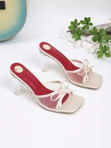 Women's Square Toe Crystal Hollow High Heel Mules - Apricot - View 5