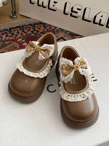1 Pair New Casual Fashion Flat Shoes For Baby Girls, Made Of Quality PU Material, Decorated With Lace And Bow, Lightweight And Stable Sole, Versatile For Walking, Travel, Outdoor Wear, Suitable For All Seasons - Brown - View 3