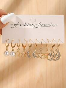 10件套女孩星星、月亮、五角星珍珠耳环首饰套装，适合日常装饰 - 金色 - 查看 6