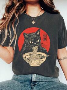 Women's T-Shirt With Cat Print And Ramen Detail, Short Sleeves, Casual Summer Style. - 黑色 - 查看 1