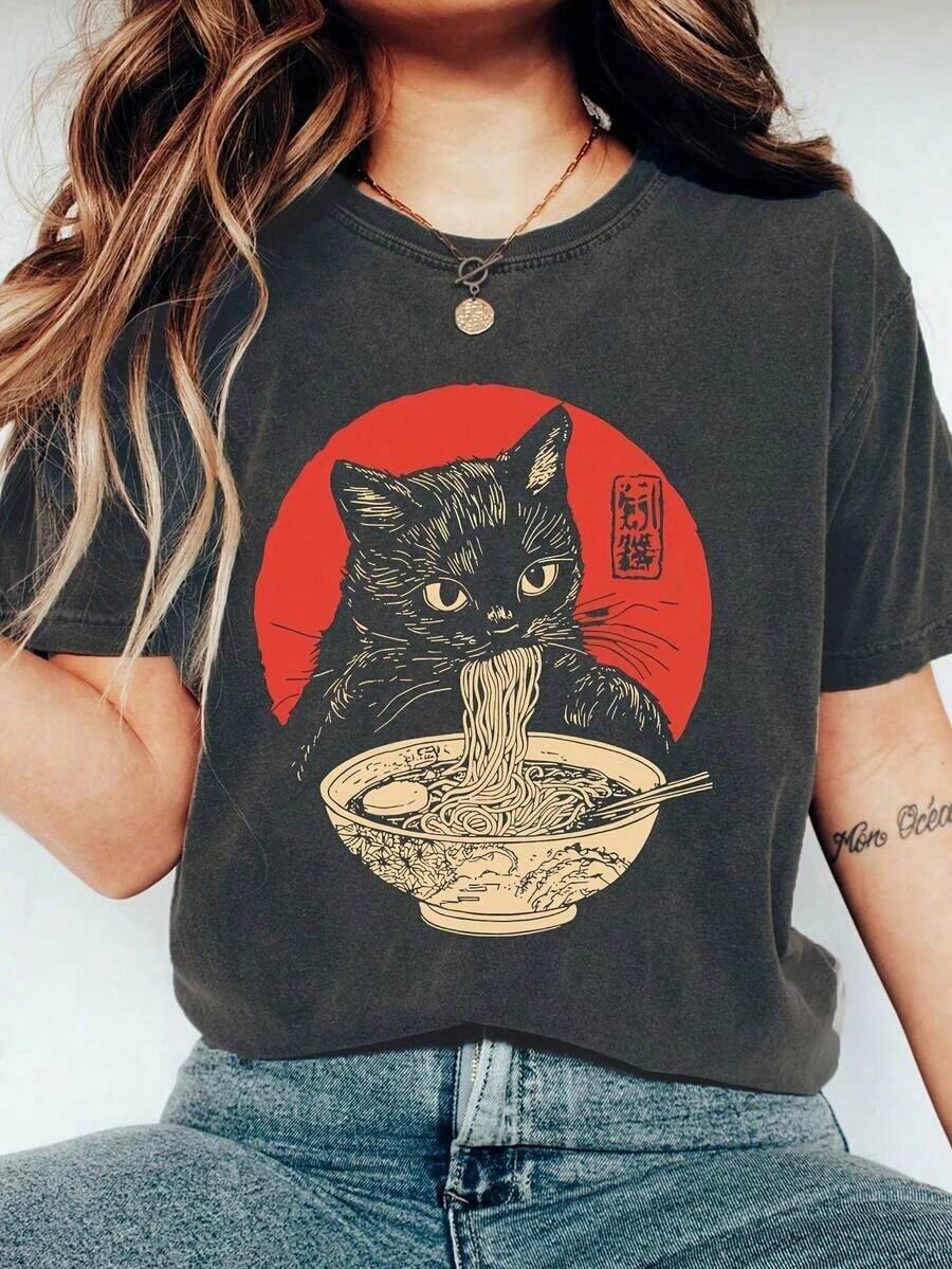 Women's T-Shirt With Cat Print And Ramen Detail, Short Sleeves, Casual Summer Style. - 黑色 - 查看 1