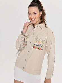 Everyday Gabardine Shirt With Embroidered And Tassel Details - Champagne - View 1