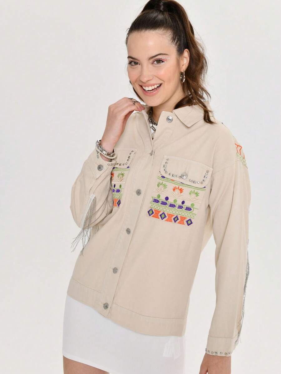 Everyday Gabardine Shirt With Embroidered And Tassel Details - Champagne - View 1