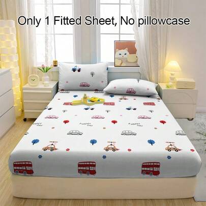 1pc Car Travel Pattern Breathable Fitted Fitted Sheet, Soft & Comfortable Mattress Cover For Bedroom, Guest Room And Dormitory, Mattress Protector, Bedding (Pillow Case Not Included)