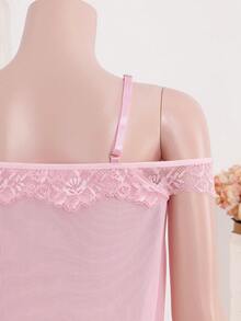 Set de 2 piezas de lencería transparente con adorno de encaje y moño, con tanga a juego, una opción perfecta para ropa de dormir - Rosa - Ver 7