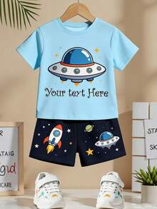 2pcs/Set Toddler Boys' Cartoon UFO T-Shirt + Shorts Set, Cute Spaceship Print, Soft & Breathable, Essential For Baby Summer Outings, Creating Unique Playful Style, Casual & Sporty, Suitable For Kindergarten & Outdoor Wear - Yellow - View 1