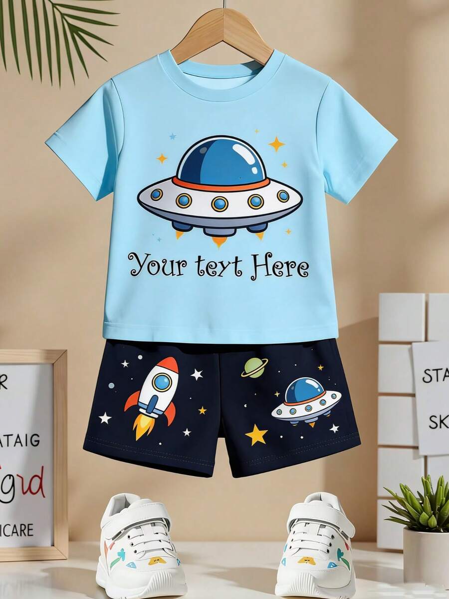 2pcs/Set Toddler Boys' Cartoon UFO T-Shirt + Shorts Set, Cute Spaceship Print, Soft & Breathable, Essential For Baby Summer Outings, Creating Unique Playful Style, Casual & Sporty, Suitable For Kindergarten & Outdoor Wear - Yellow - View 1