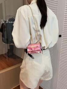 Mini Bowknot Rhombus Chain Crossbody Bag, Silver & Pink, Women's Spring/Summer 2026 New Lipstick/Coin Purse/Earphone Pouch - Pink - View 7