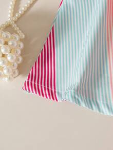 2件套女童休闲时尚彩虹条纹印花蝴蝶结无袖上衣和短裤套装，春夏款 - 粉色 - 查看 6