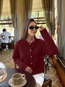 Women's Autumn/Winter New French Romantic Casual Versatile Minimalist Chic Heart Pattern Knit Cardigan Top - Burgundy - View 5