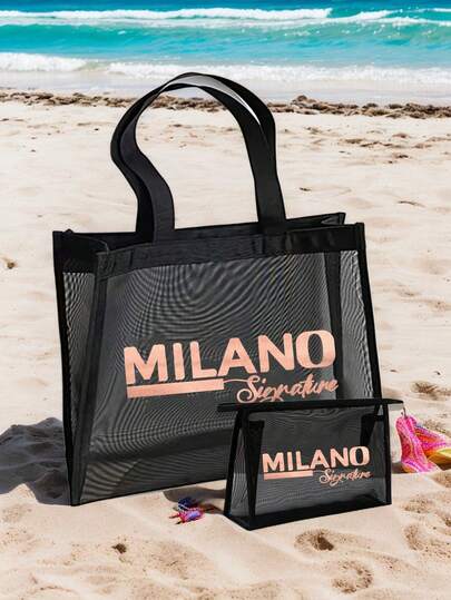 Set de bolso de malla tipo tote y bolsa pequeña MILANO, bolso de malla transparente negro con diseño impreso en color oro rosa, bolso tote de gran capacidad + bolsa portátil, adecuado para la playa, compras reutilizables, almacenamiento de artículos de playa, comestibles, ideal para amantes de la moda, visitantes de la playa, viajeros, regalo, excelente para viajes a la playa, vacaciones de verano, salidas diarias, compras