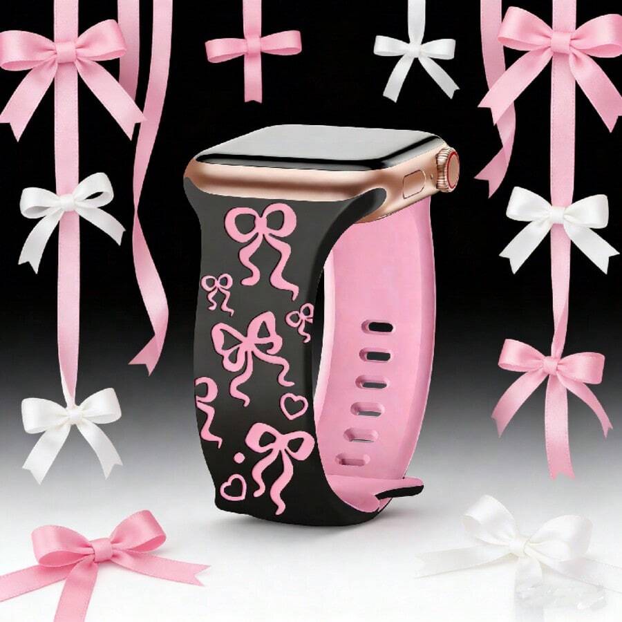 Dây đeo đồng hồ silicon khắc hình nơ nhiều màu sắc thời trang, tương thích với Apple Watch, phù hợp với các kích thước 38mm, 40mm, 41mm, 42mm, 44mm, 45mm, 49mm (S10 42mm), (S10 46mm (phiên bản nữ)), dây đeo đồng hồ kiểu Dopamine dễ thương, dây đeo đồng hồ thể thao silicon mềm mại, tương thích với Apple Series Ultra 2, S10, SE, 9, 8, 7, SE, 6, 5, 4, 3, 2, 1. Món quà lý tưởng cho Ngày Valentine, Sinh nhật, Ngày lễ. - Màu đen mờ + phấn phủ nóng - Xem 1