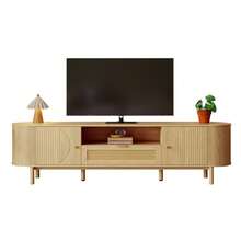 Modern TV Unit With Open-Compartment Rattan Drawers, Rounded Top, Wood-Look Metal Legs, Multifunctional Living Room Furniture.