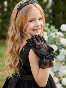 1 Pair Ultra Stretch Lace Gloves For Girl & Girls, Ages 4-12 Years, Black Series - Suitable For Wedding, Pageant, Flower Girl, Dance Performance & Birthday Princess Photo Props - 1Pair - View 13