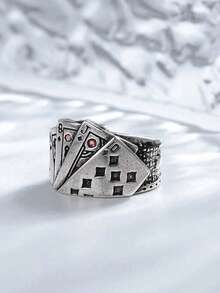 1pc Fashionable Western Style Punk Poker Ring With Adjustable Opening, Suitable For Men In Any Occasion - Antique Silver - View 3