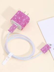 Pink Bling Rhinestone 5pcs/Set Apple Phone Data Cable Protection Kit Rhinestone Winding Cord Organizer, Anti Bending Cable & Charger Head Protector Women's Day Gift - Pink - View 2