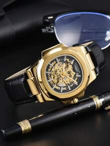 1pc Men's Double-Sided Hollow Automatic Mechanical Waterproof Leather Band Watch, Classic & Elegant - Black - View 3