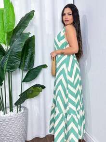 vestido longo zig zag casual elegante tecido muito macio e confortável. - verde e branco - Visão 3