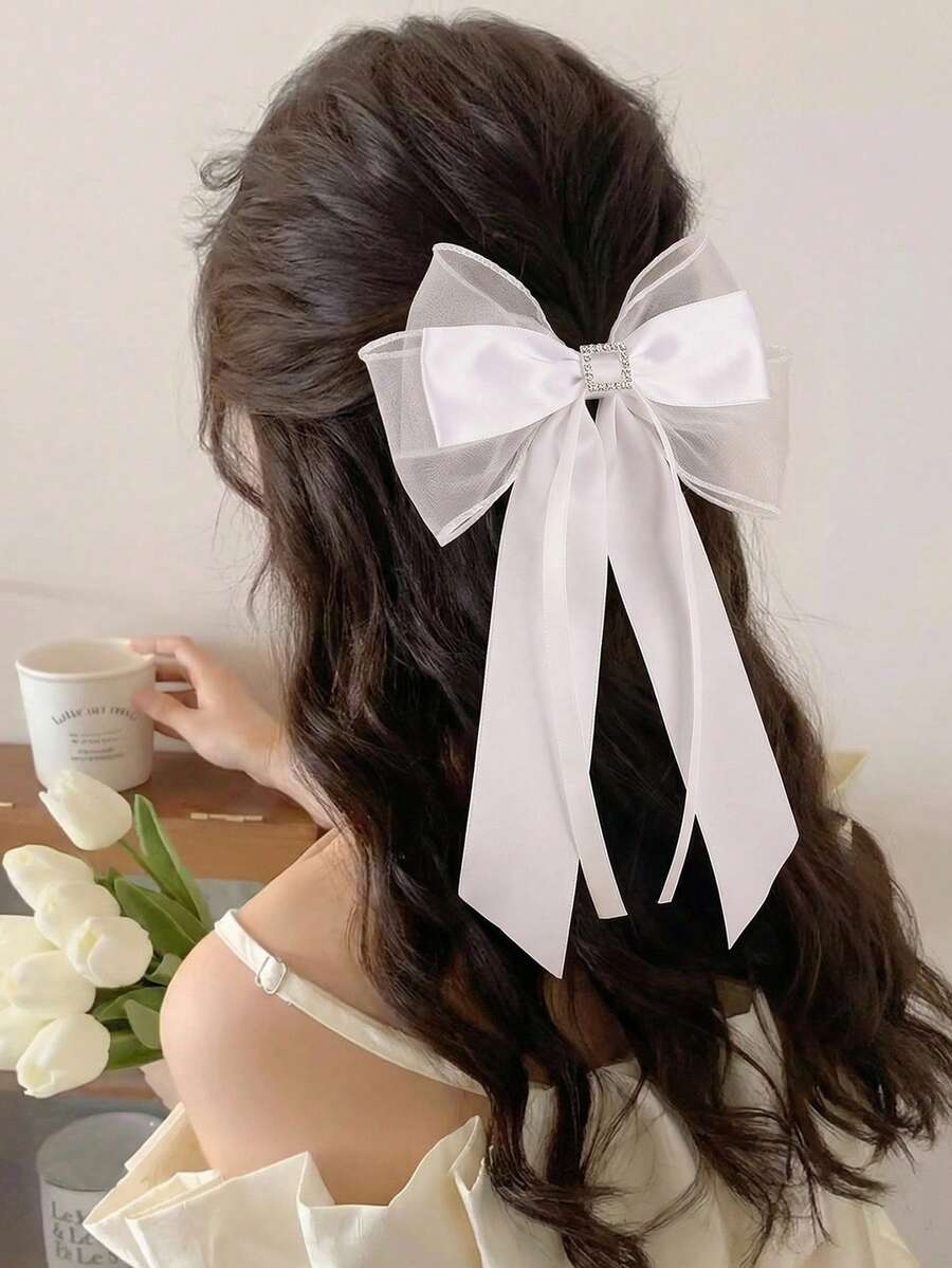 1件装女士时尚优雅仙气白色双层网纱蝴蝶结发夹，适合日常、节日、婚礼、新娘、派对和聚会等场合。 - 白色 - 查看 1