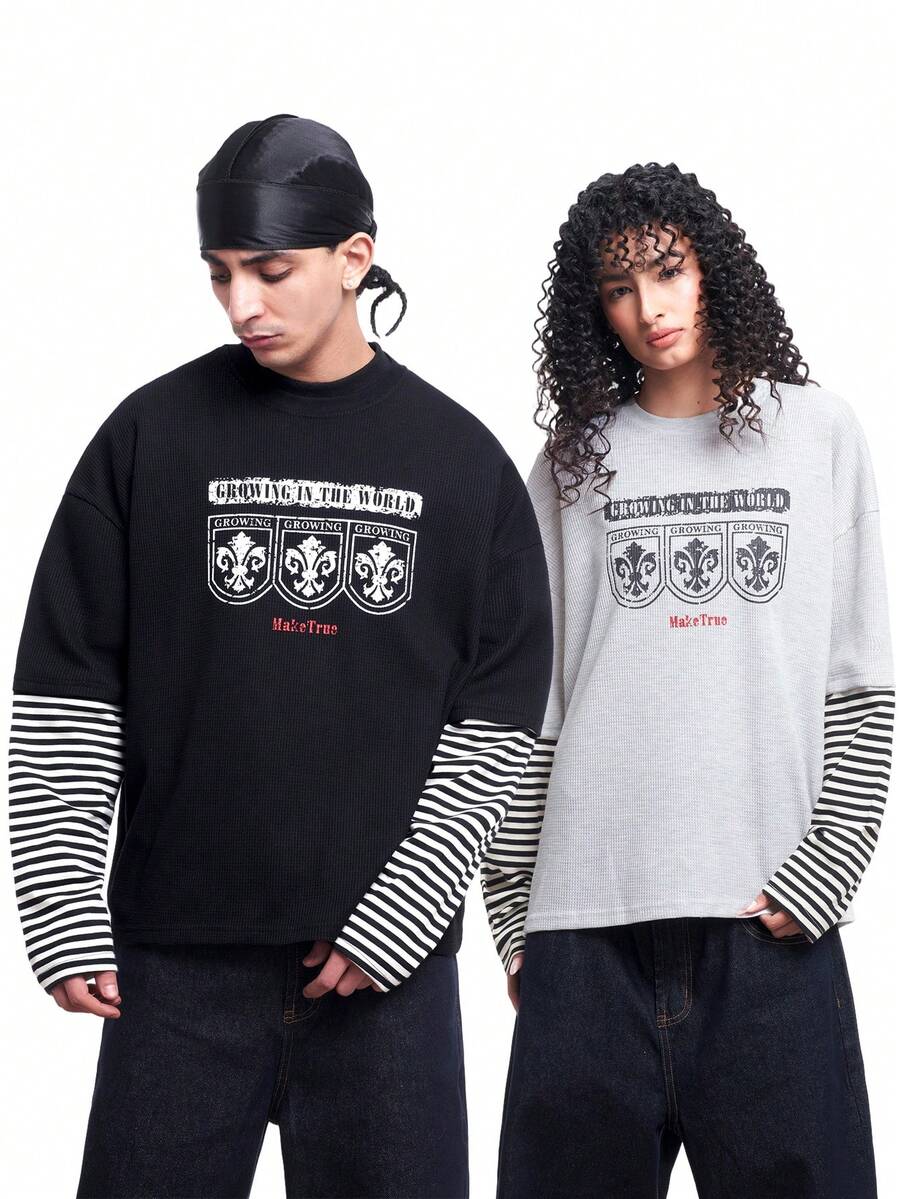 MT99 条纹华夫格印花二合一长袖情侣装酷炫系列 - 淺灰色 - 查看 1