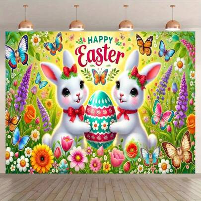 2D平面横幅 1件装 快乐复活节兔子和复活节彩蛋花卉背景，可爱兔子和复活节彩蛋主题，2D平面设计，多种尺寸可选，春季花卉装饰，适用于影棚和派对场景